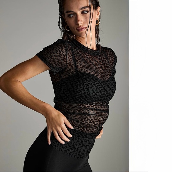 VSX Tops - Victoria’s Secret VSX Black Sheer Mesh Logo Tee Y2K Fitted Top Size S